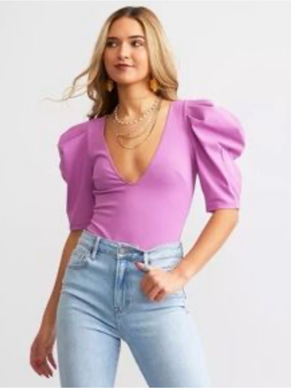 Free People VaVa Voop Bodysuit Romantic Puff Sleeve Deep V Pink Wildberry Top XS